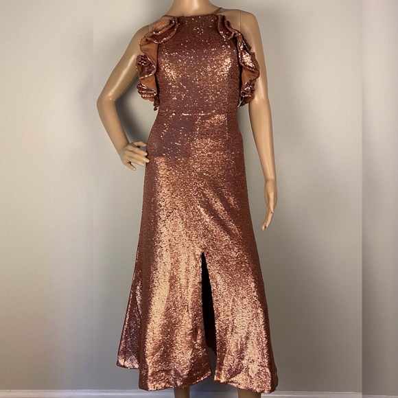NEW C/MEO COLLECTIVE SEQUIN RUFFLE MIDI DRESS - Picture 2 of 9